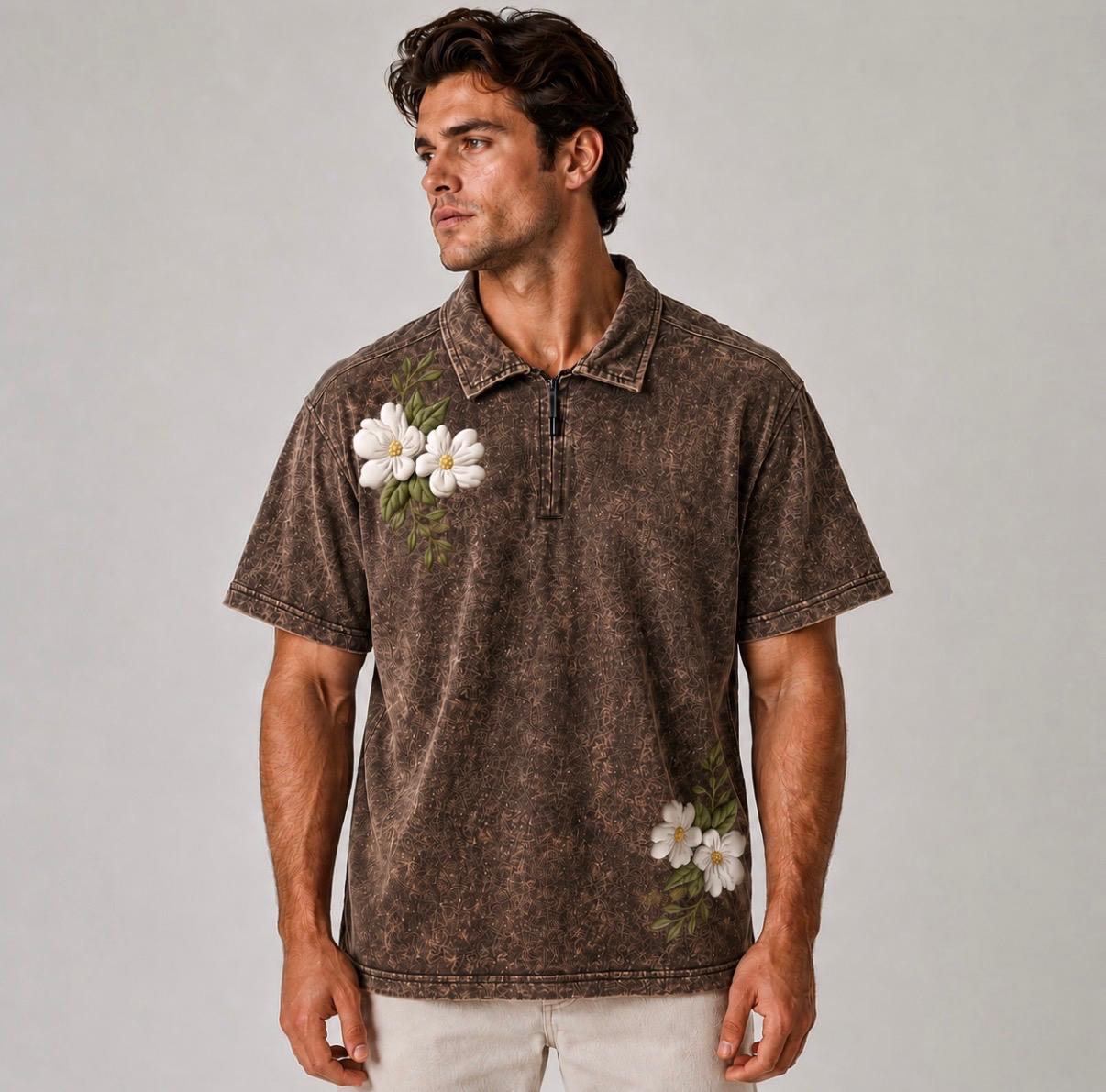 Floral Printed Polo Drop Shoulder - Brown